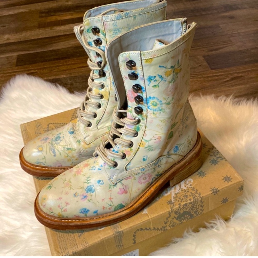 Free People Ivory Floral Santa Fe Lace Up Boots